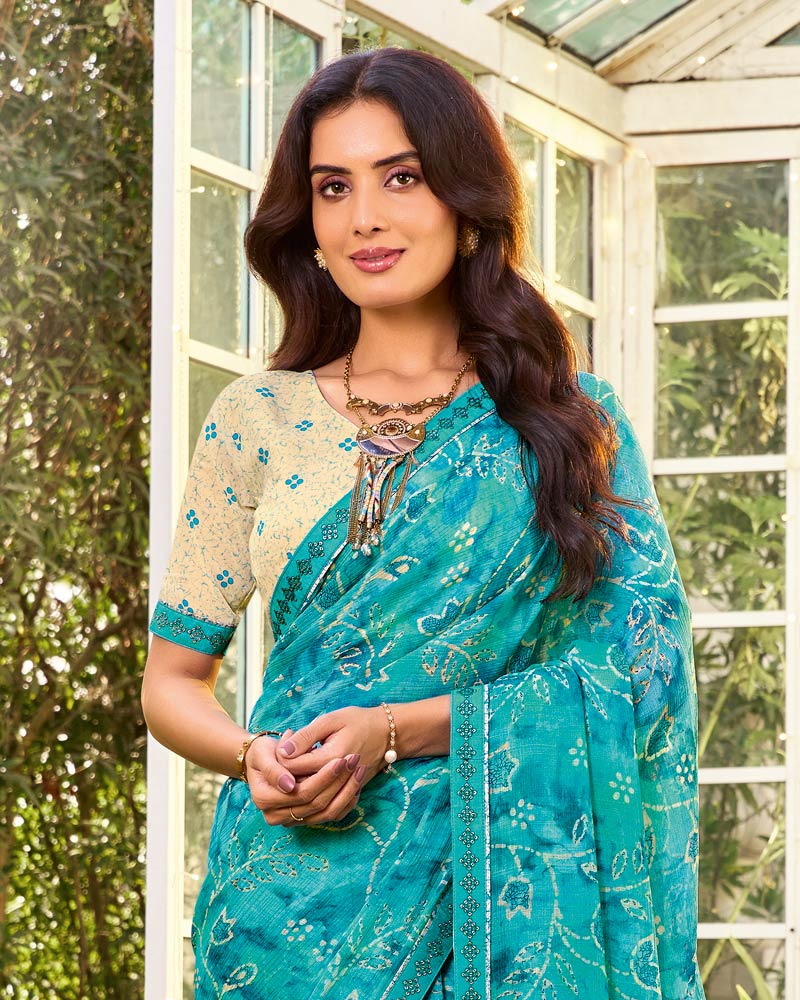 Vishal Prints Bondi Blue Printed Chiffon Saree With Fancy Embroidery Work Border