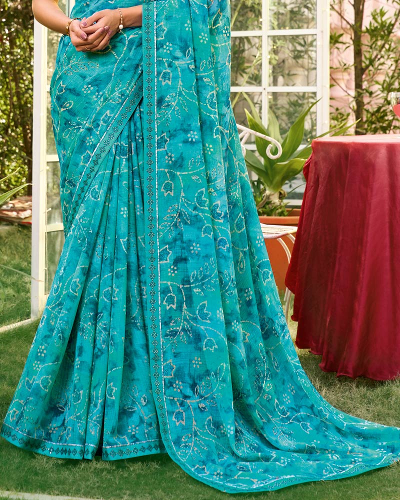 Vishal Prints Bondi Blue Printed Chiffon Saree With Fancy Embroidery Work Border