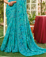 Vishal Prints Bondi Blue Printed Chiffon Saree With Fancy Embroidery Work Border