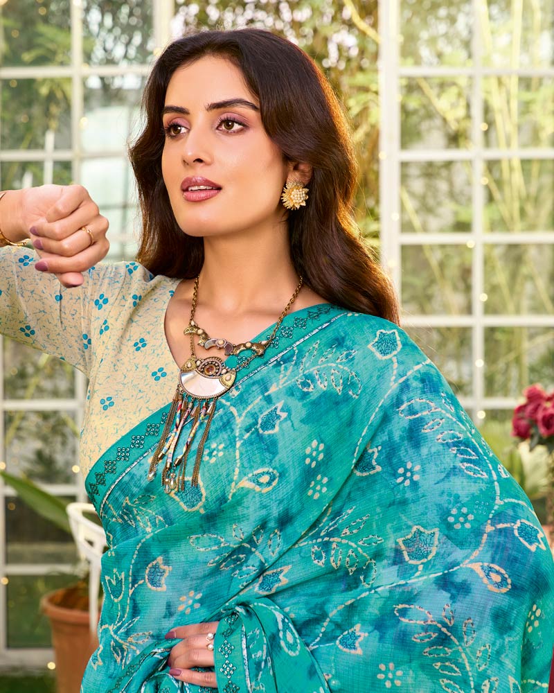 Vishal Prints Bondi Blue Printed Chiffon Saree With Fancy Embroidery Work Border
