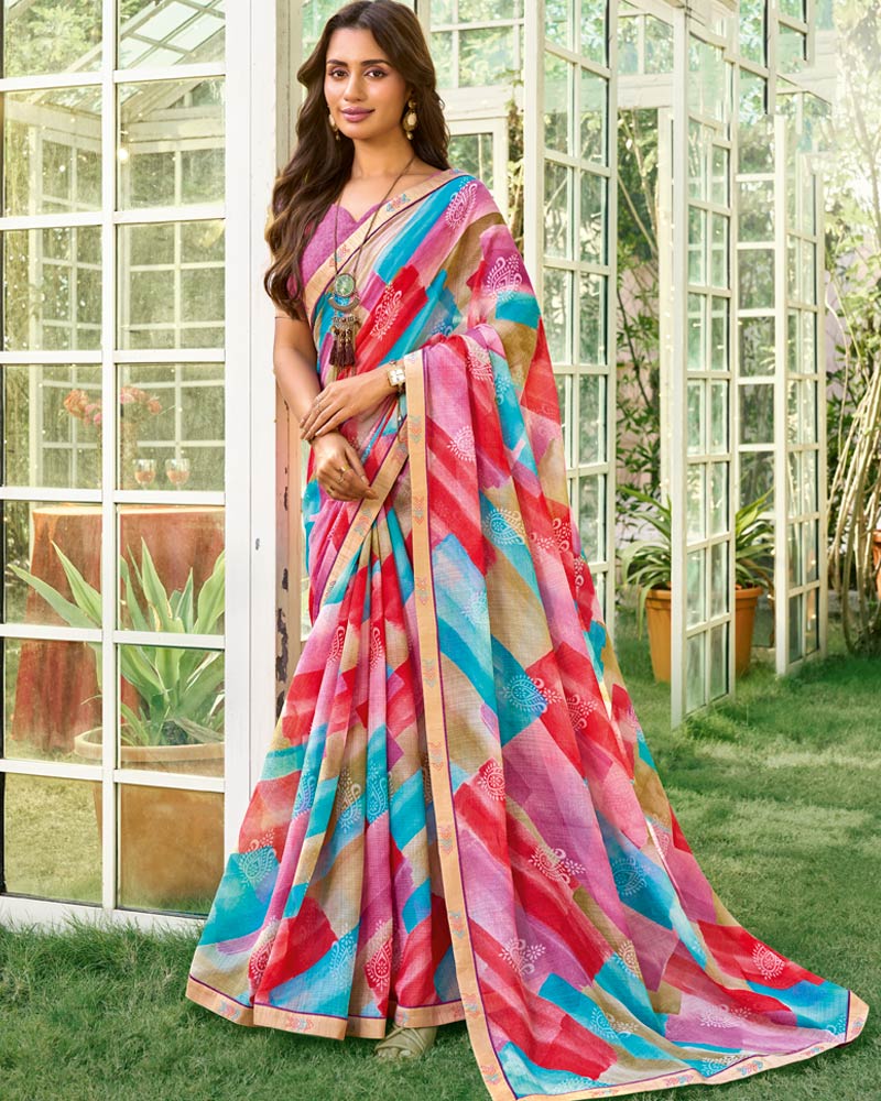 Vishal Prints Multicolor Printed Chiffon Saree With Fancy Embroidery Work Border