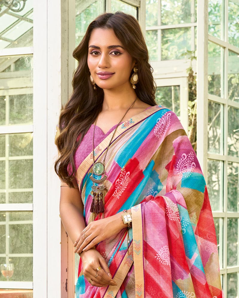 Vishal Prints Multicolor Printed Chiffon Saree With Fancy Embroidery Work Border