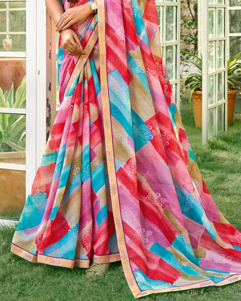 Vishal Prints Multicolor Printed Chiffon Saree With Fancy Embroidery Work Border