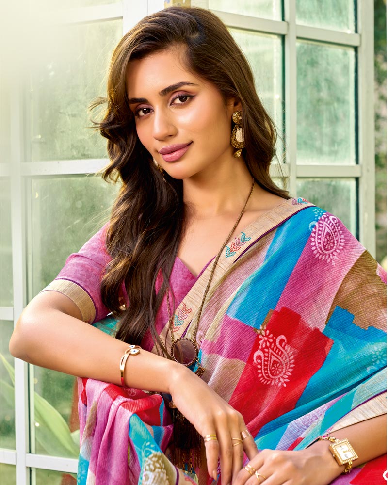 Vishal Prints Multicolor Printed Chiffon Saree With Fancy Embroidery Work Border