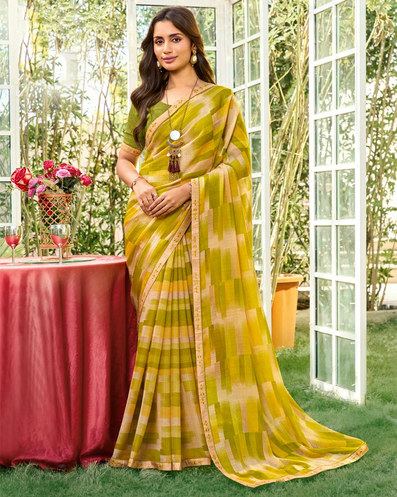 Vishal Prints Olive Yellow Printed Chiffon Saree With Fancy Embroidery Work Border