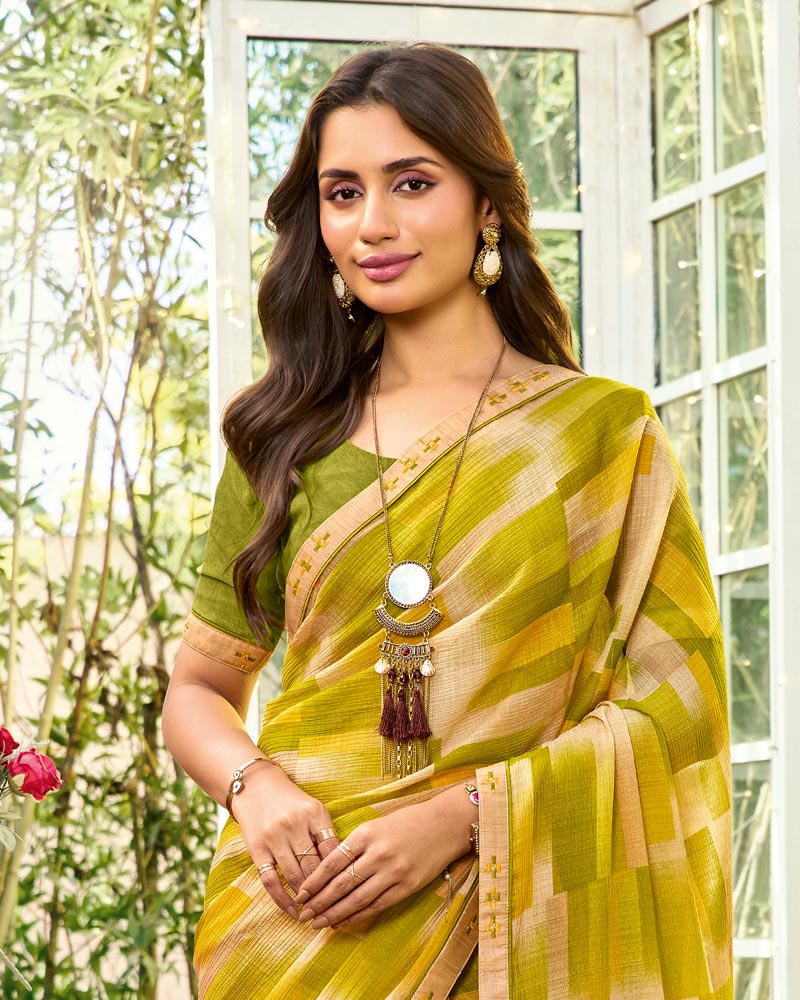 Vishal Prints Olive Yellow Printed Chiffon Saree With Fancy Embroidery Work Border