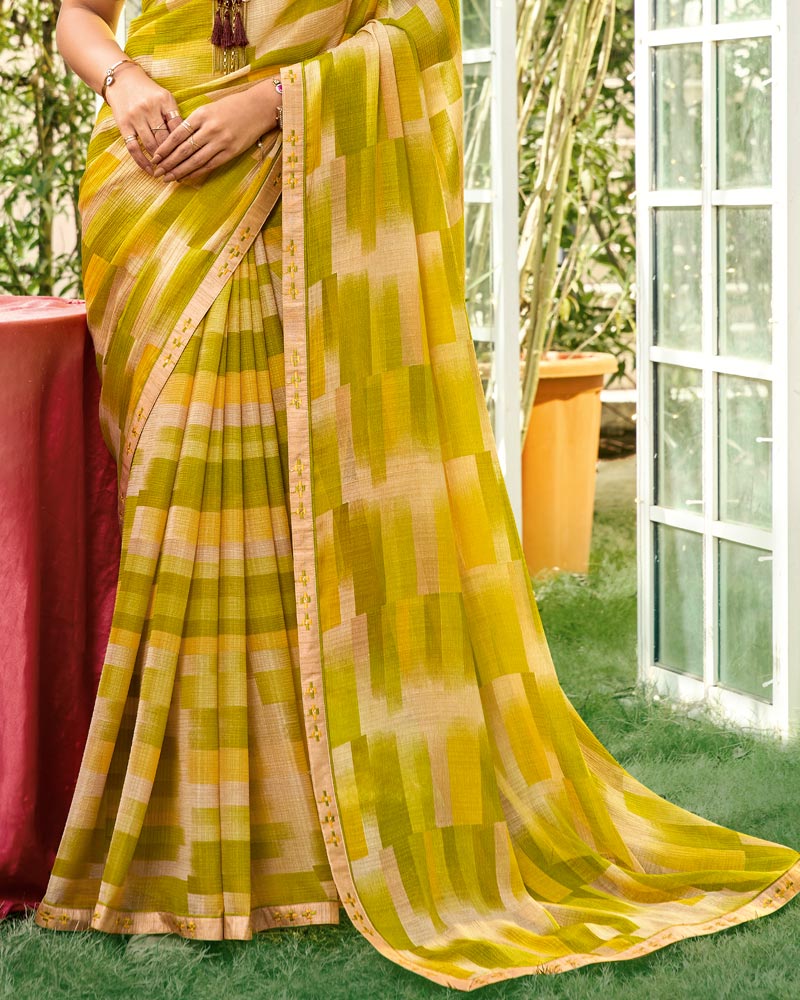 Vishal Prints Olive Yellow Printed Chiffon Saree With Fancy Embroidery Work Border