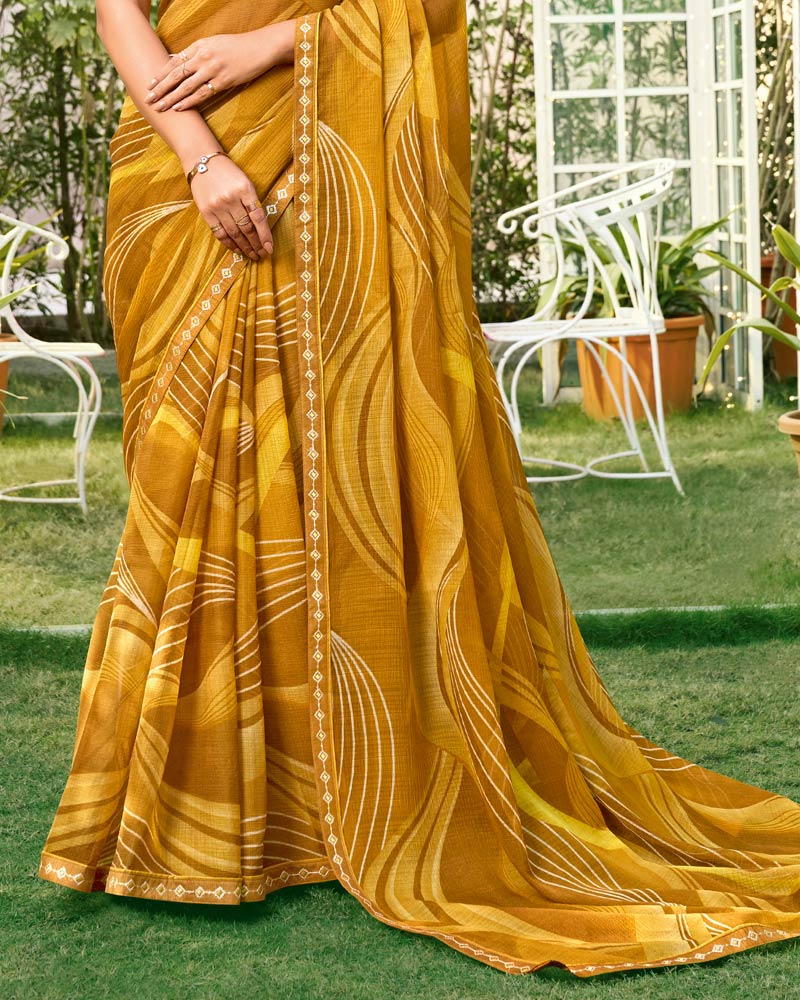 Vishal Prints Brownish Orange Printed Chiffon Saree With Fancy Embroidery Work Border