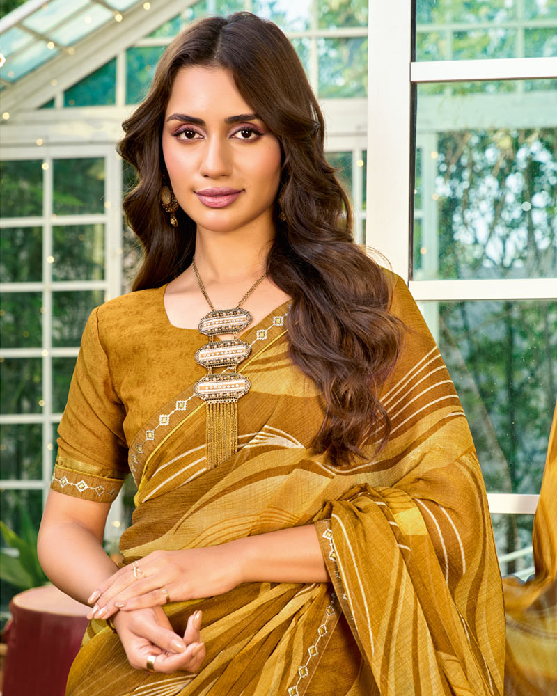 Vishal Prints Brownish Orange Printed Chiffon Saree With Fancy Embroidery Work Border