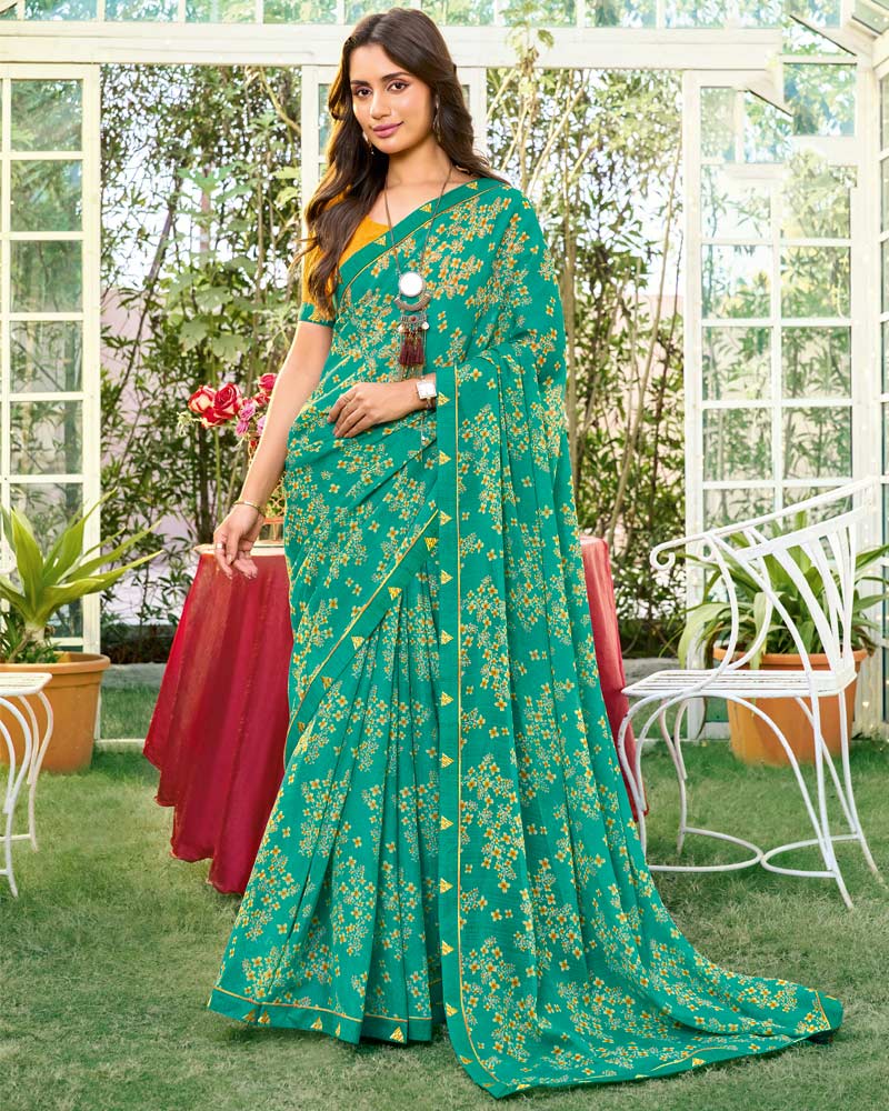 Vishal Prints Persian Green Printed Chiffon Saree With Fancy Embroidery Work Border