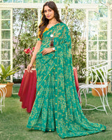 Vishal Prints Persian Green Printed Chiffon Saree With Fancy Embroidery Work Border