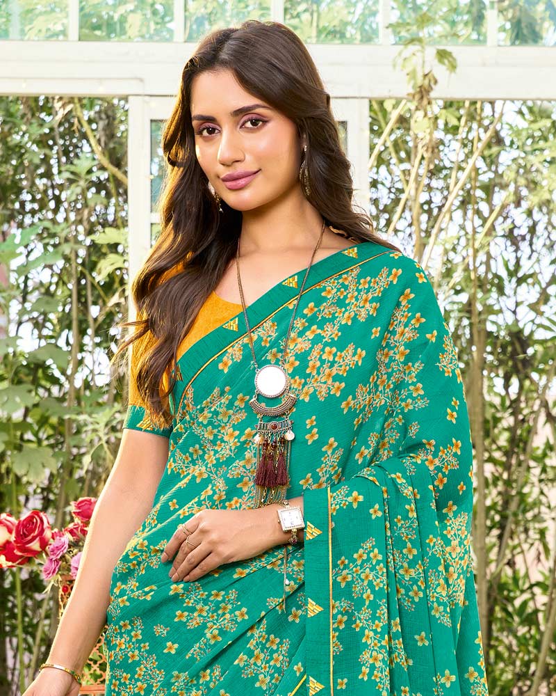 Vishal Prints Persian Green Printed Chiffon Saree With Fancy Embroidery Work Border