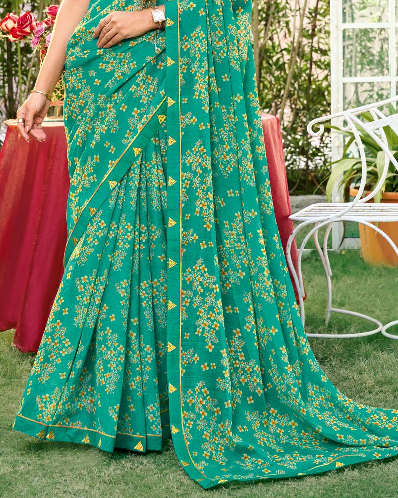 Vishal Prints Persian Green Printed Chiffon Saree With Fancy Embroidery Work Border