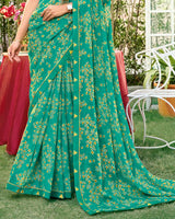 Vishal Prints Persian Green Printed Chiffon Saree With Fancy Embroidery Work Border