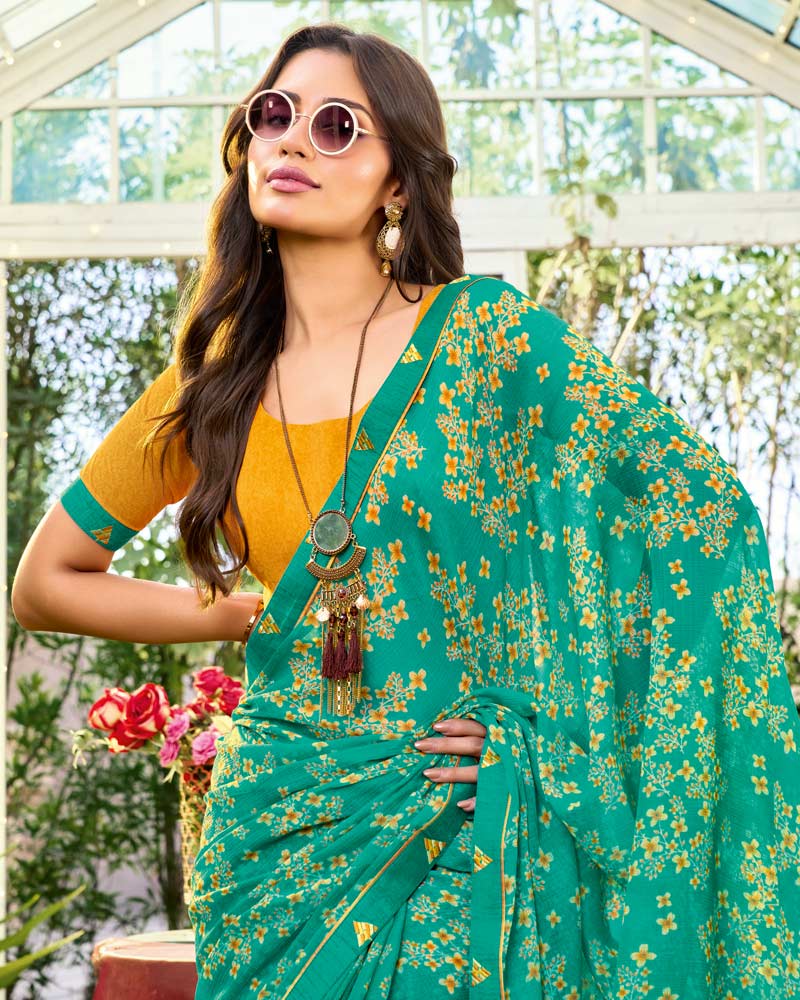 Vishal Prints Persian Green Printed Chiffon Saree With Fancy Embroidery Work Border