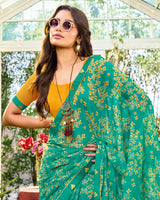 Vishal Prints Persian Green Printed Chiffon Saree With Fancy Embroidery Work Border