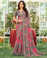 Vishal Prints Greyish Brown Printed Chiffon Saree With Fancy Embroidery Work Border