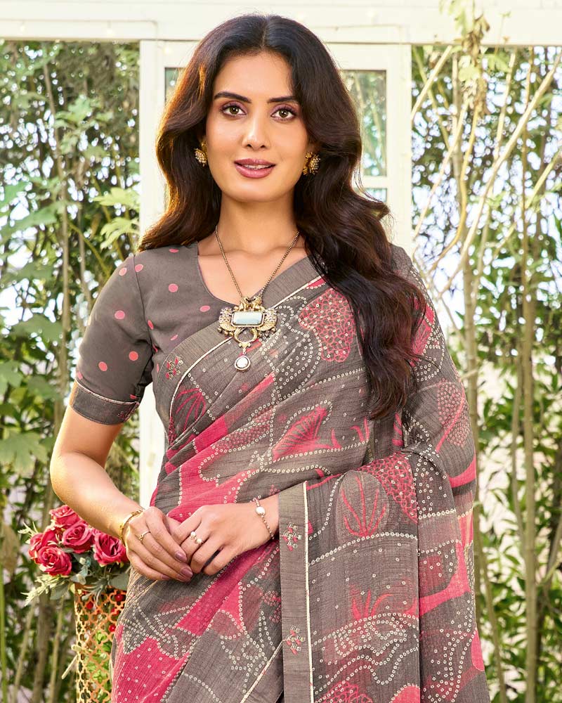 Vishal Prints Greyish Brown Printed Chiffon Saree With Fancy Embroidery Work Border