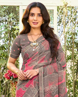 Vishal Prints Greyish Brown Printed Chiffon Saree With Fancy Embroidery Work Border