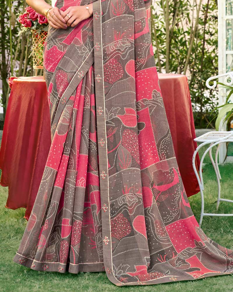 Vishal Prints Greyish Brown Printed Chiffon Saree With Fancy Embroidery Work Border