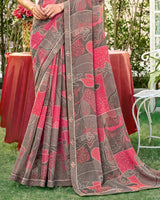 Vishal Prints Greyish Brown Printed Chiffon Saree With Fancy Embroidery Work Border
