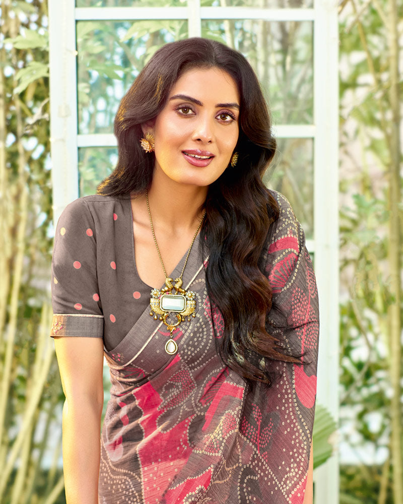 Vishal Prints Greyish Brown Printed Chiffon Saree With Fancy Embroidery Work Border