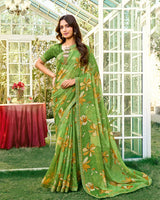 Vishal Prints Leaf Green Printed Chiffon Saree With Fancy Embroidery Work Border