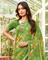 Vishal Prints Leaf Green Printed Chiffon Saree With Fancy Embroidery Work Border