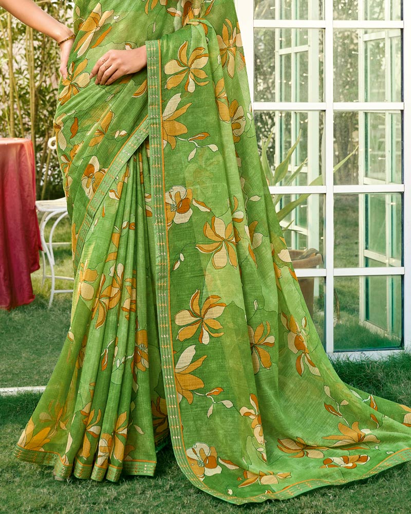 Vishal Prints Leaf Green Printed Chiffon Saree With Fancy Embroidery Work Border
