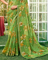Vishal Prints Leaf Green Printed Chiffon Saree With Fancy Embroidery Work Border