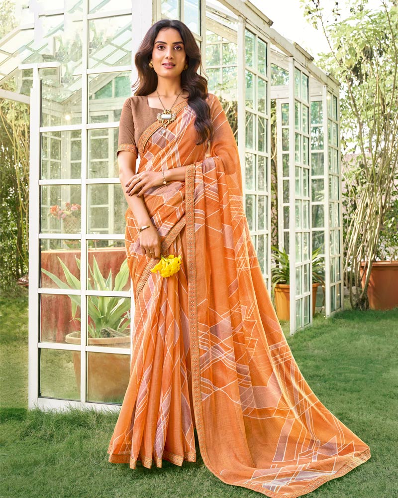 Vishal Prints Dusty Orange Printed Chiffon Saree With Fancy Embroidery Work Border