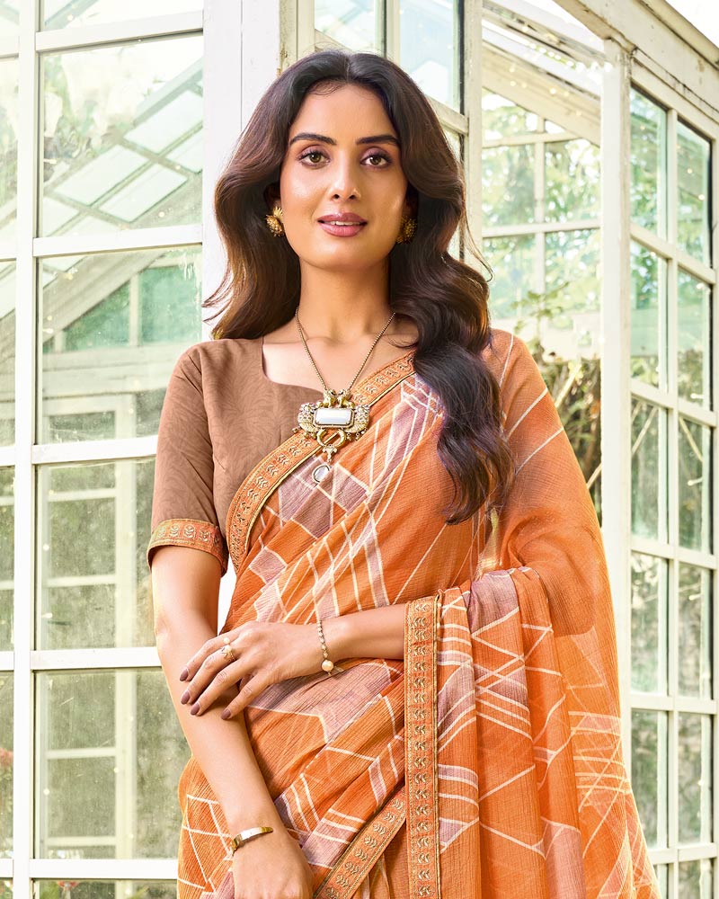 Vishal Prints Dusty Orange Printed Chiffon Saree With Fancy Embroidery Work Border