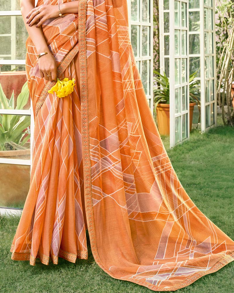 Vishal Prints Dusty Orange Printed Chiffon Saree With Fancy Embroidery Work Border