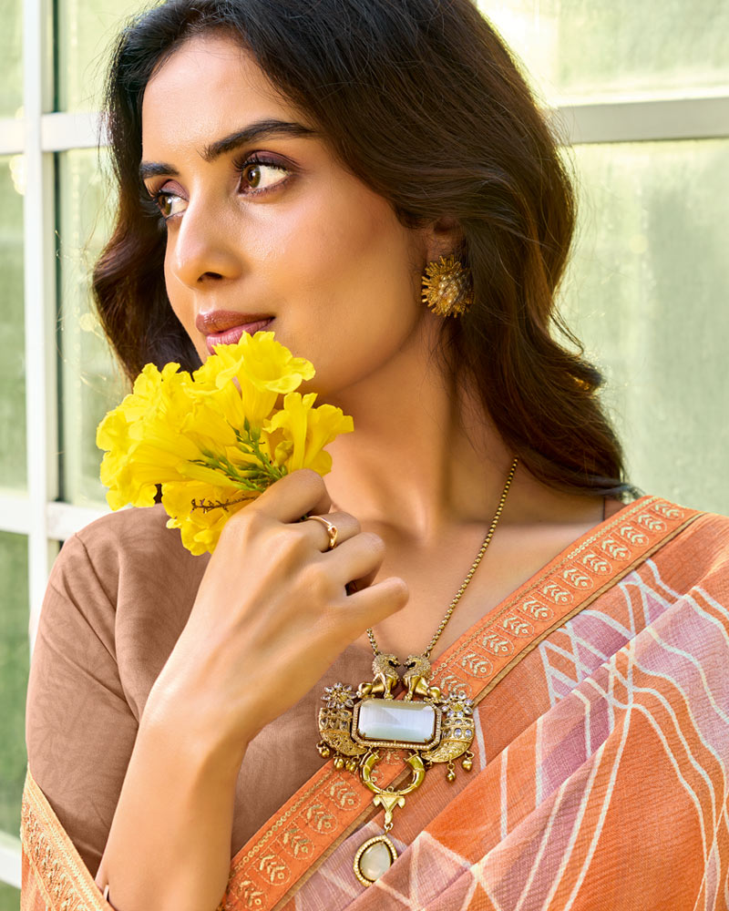 Vishal Prints Dusty Orange Printed Chiffon Saree With Fancy Embroidery Work Border
