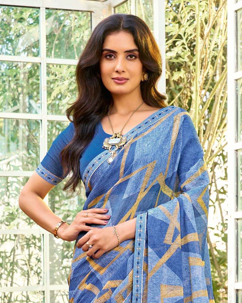 Vishal Prints Denim Blue Printed Chiffon Saree With Fancy Embroidery Work Border