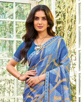 Vishal Prints Denim Blue Printed Chiffon Saree With Fancy Embroidery Work Border