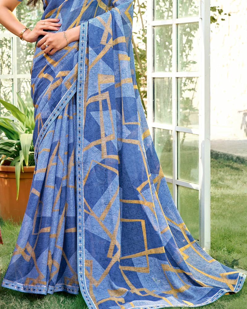Vishal Prints Denim Blue Printed Chiffon Saree With Fancy Embroidery Work Border