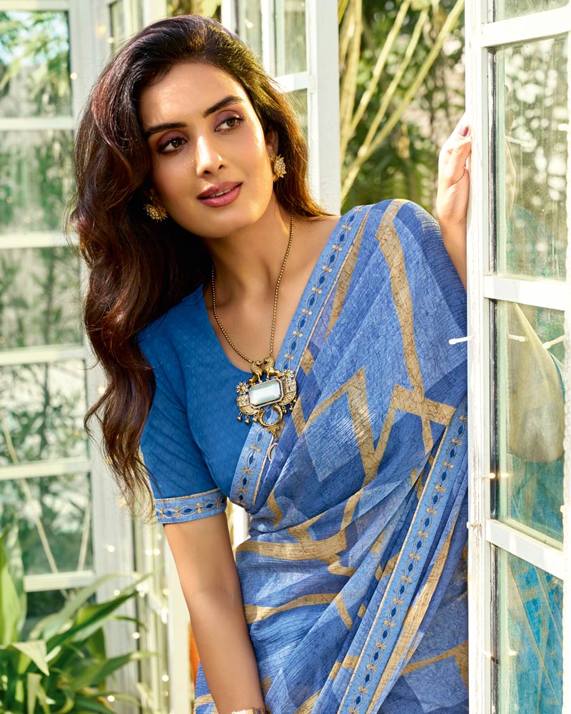 Vishal Prints Denim Blue Printed Chiffon Saree With Fancy Embroidery Work Border