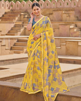 Vishal Prints Pale Yellow Printed Chiffon Saree With Fancy Embroidery Border