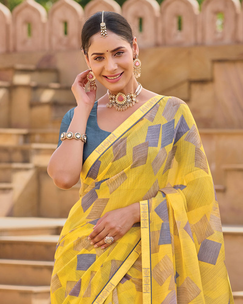 Vishal Prints Pale Yellow Printed Chiffon Saree With Fancy Embroidery Border