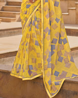 Vishal Prints Pale Yellow Printed Chiffon Saree With Fancy Embroidery Border