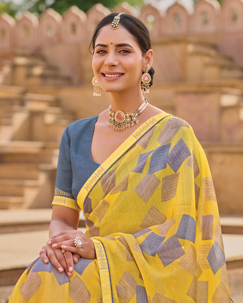 Vishal Prints Pale Yellow Printed Chiffon Saree With Fancy Embroidery Border