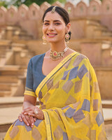 Vishal Prints Pale Yellow Printed Chiffon Saree With Fancy Embroidery Border