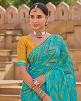 Vishal Prints Electric Blue Printed Chiffon Saree With Fancy Embroidery Border