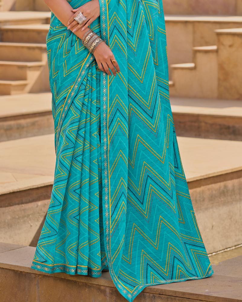 Vishal Prints Electric Blue Printed Chiffon Saree With Fancy Embroidery Border