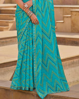 Vishal Prints Electric Blue Printed Chiffon Saree With Fancy Embroidery Border