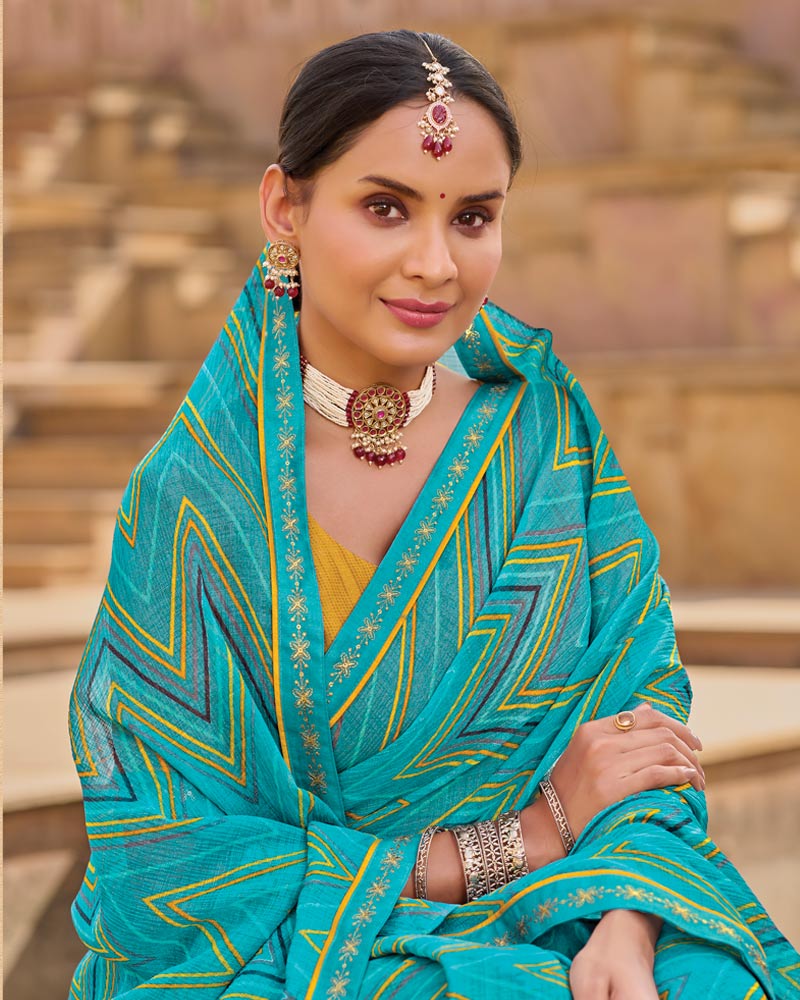 Vishal Prints Electric Blue Printed Chiffon Saree With Fancy Embroidery Border