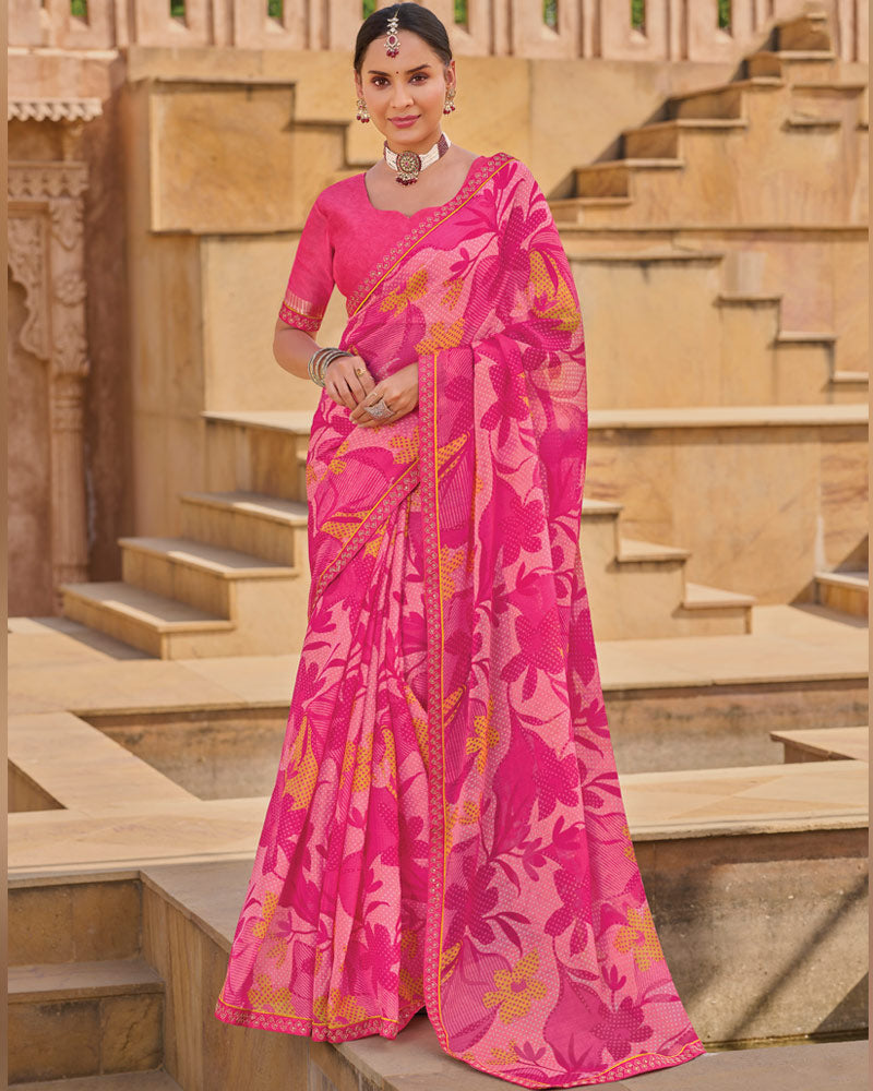Vishal Prints Bright Pink Printed Chiffon Saree With Fancy Embroidery Border