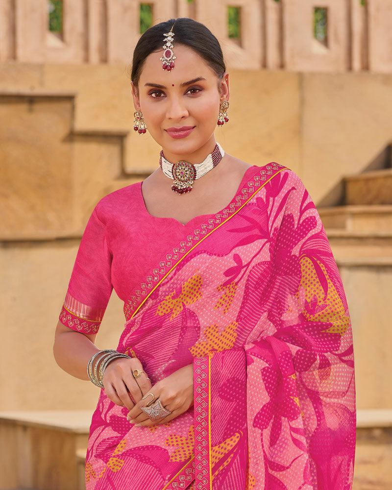 Vishal Prints Bright Pink Printed Chiffon Saree With Fancy Embroidery Border