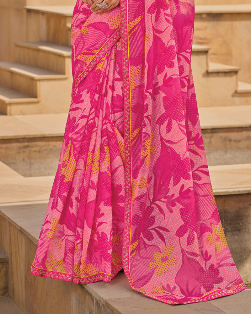 Vishal Prints Bright Pink Printed Chiffon Saree With Fancy Embroidery Border